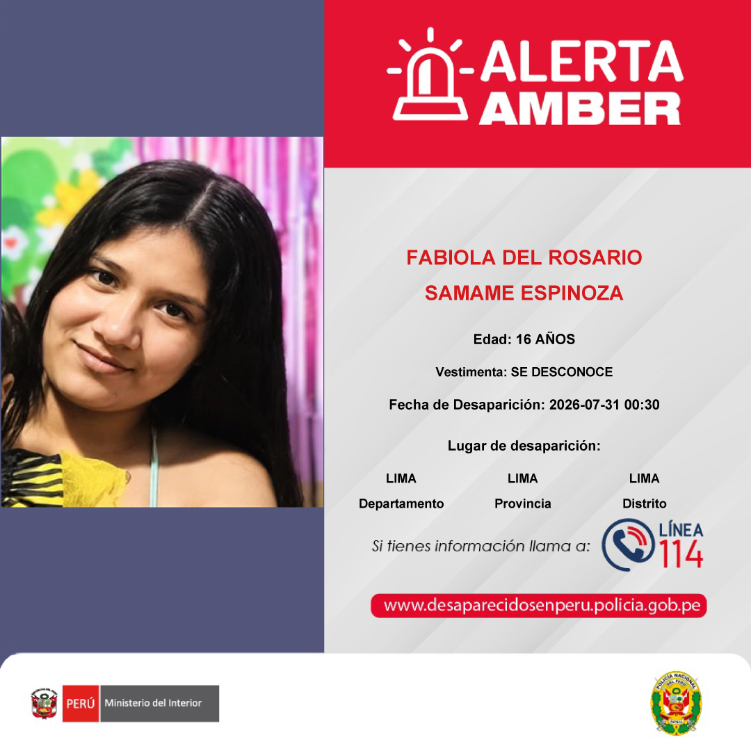 congresoperu's tweet photo. 🚨 #AlertaAmber | El Congreso de la República difunde la siguiente alerta AMBER, con el fin de apoyar en las acciones de búsqueda y ubicación de personas desaparecidas.  

Si tienes información sobre el paradero de una persona desaparecida, comunícate con la Línea 114 de la @PoliciaPeru.

La atención es gratuita, confidencial y está disponible las 24 horas, los 365 días del año.