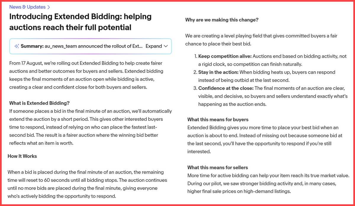 ValueAddedRS's tweet photo. Say goodbye to sniping! 👀

eBay is expanding Extended Bidding after pilot test with trading cards &amp; vehicles, marking significant shakeup to legacy auction format.

Announcement 👇 for Australia but I expect we'll see similar updates for US, UK &amp; other markets soon. 

$EBAY https://t.co/CYPbTCJYPB