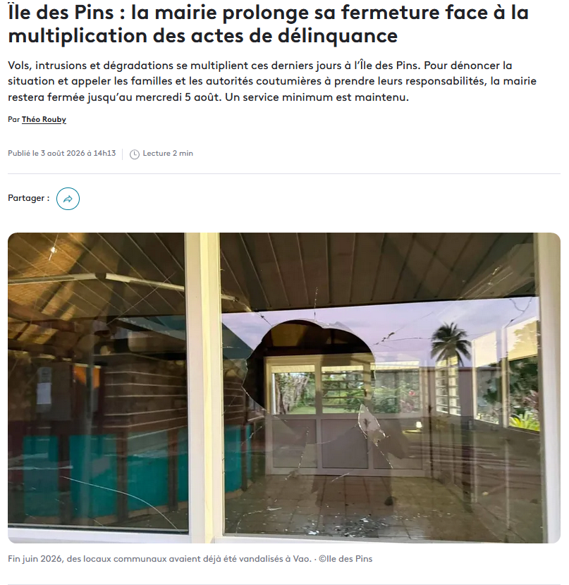 XVIIred's tweet photo. Hier je rappelais la banderole « Accès interdit aux touristes ». Aujourd’hui, vols, intrusions et dégradations poussent encore à la fermeture des services municipaux. Malgré les efforts, il y en a qui semblent décidés à faire fuir ceux qui veulent y venir.
#nouvellecaledonie https://t.co/3smuGcZiGu