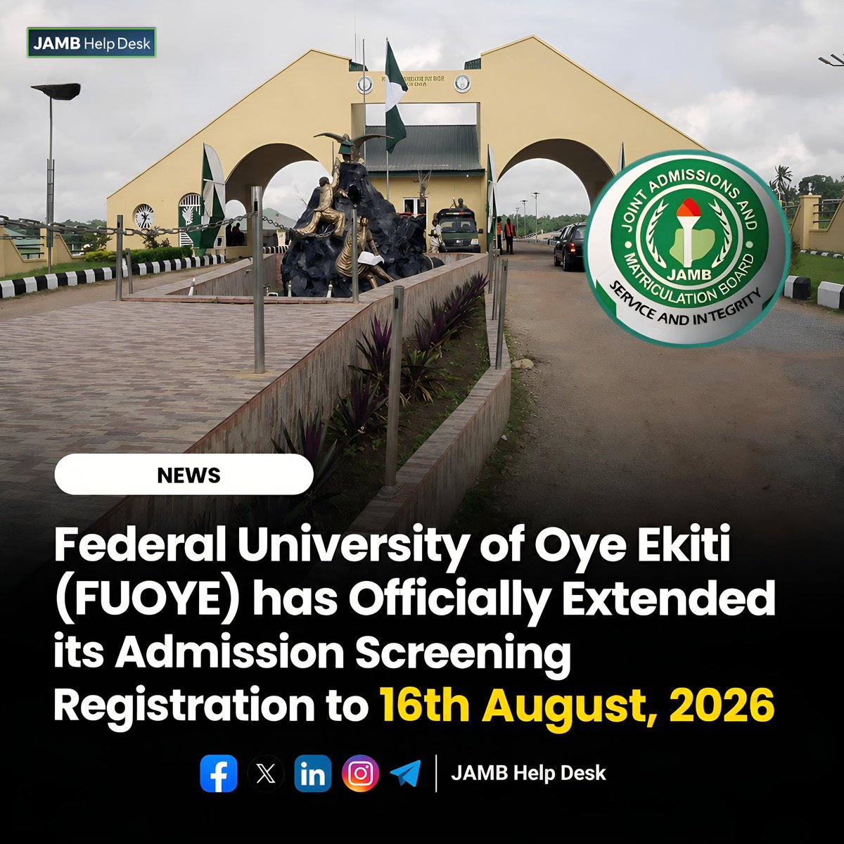 UTMEHQ's tweet photo. FUOYE extends Screening Registration Deadline to Aug 16th, 2026!
Min. Cut-off: 150
New Deadline: 16th August, 2026
Register now 👇
2347026604318

#FUOYE #FUOYEScreening #FUOYE2026 #JAMBUpdate #NigerianStudents https://t.co/893Rd1mk3I
