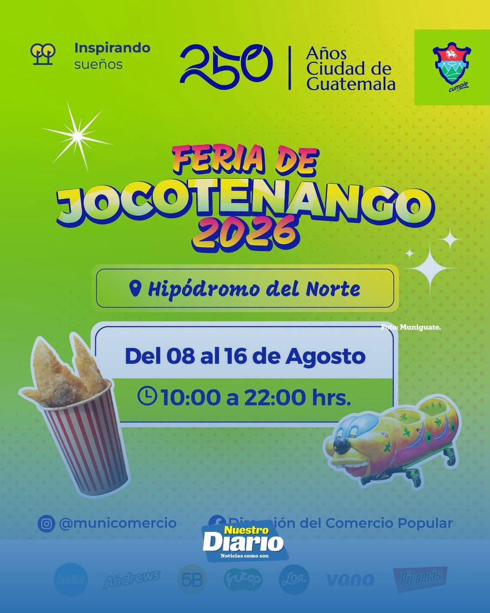 NuestroDiario's tweet photo. 🎡🍭 INICIAN LOS PREPARATIVOS PARA LA FERIA DE JOCOTENANGO 🍭🎡

La Municipalidad de Guatemala anunció que la tradicional Feria de Jocotenango se llevará a cabo del 8 al 16 de agosto en el Hipódromo del Norte, zona 2, en un horario de 10:00 a 22:00 horas.

Familias y amigos podrán disfrutar de juegos mecánicos, gastronomía típica y diversas actividades culturales en el marco de la festividad en honor a la Virgen de la Asunción.

#NuestroDiario, noticias como son. 📰 
#ComunidadND #Tradiciones #NacionalesND