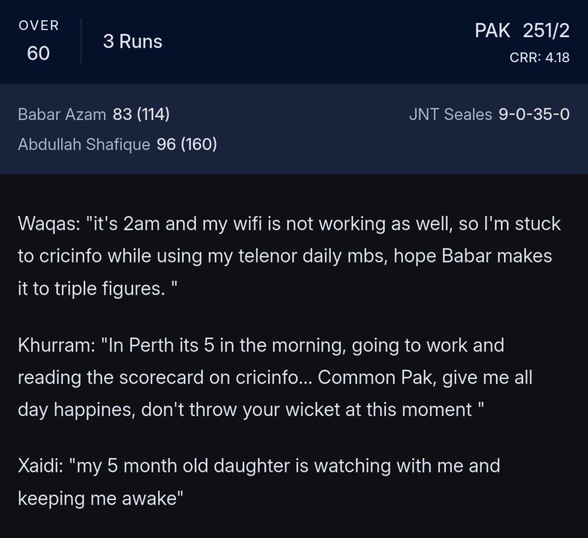 AyeshaMasroor56's tweet photo. Big fan of Cricinfo's commentary https://t.co/duChZnZZQ9