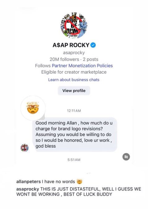 FrenchRapUS's tweet photo. 🚨 A$AP Rocky a annulé sa proposition de collaboration avec un graphiste après que celui-ci a rendu publique leur conversation privée sur Instagram ! 

« C’est vraiment déplacé. Je pense qu’on ne travaillera finalement pas ensemble. Bonne chance mec. » 👏🏼 https://t.co/l7WZxhOTAA