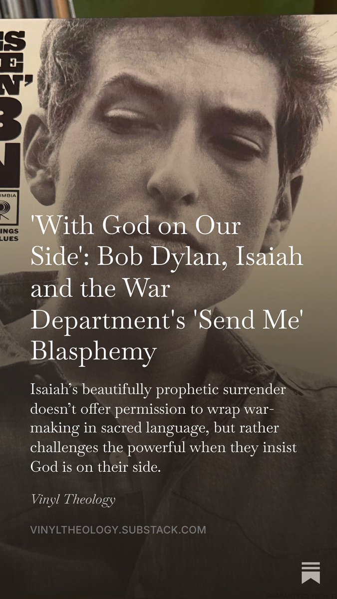 josephjrose's tweet photo. 'With God on Our Side': Vinyl Theology Reflections on Bob Dylan, Isaiah and the Blasphemy of the @DeptofWar 's #SendMe Campaign mehttps://open.substack.com/pub/vinyltheology/p/with-god-on-our-side-bob-dylan-isaiah?r=1s3op7&utm_campaign=post&utm_medium=web&showWelcomeOnShare=true https://t.co/CAREIJiMRC