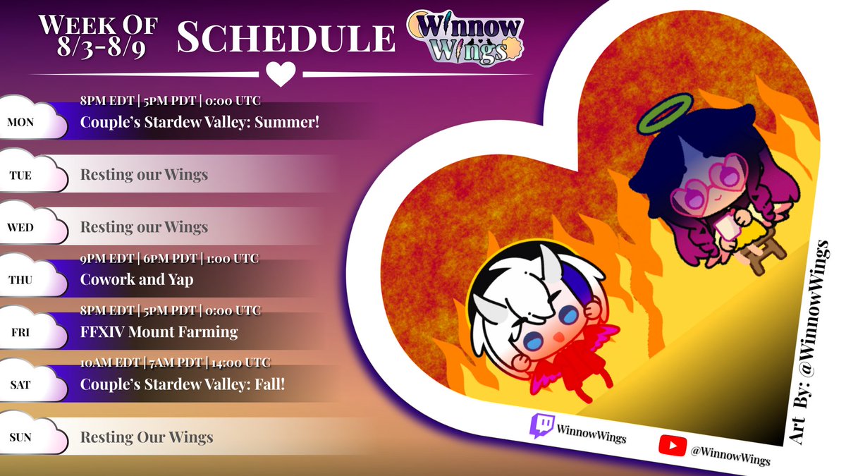 WinnowWings's tweet photo. Our schedule for the week gives us time to catch up after a busy July of Savage Raiding and being a Summer School Principal! Let's make the last month of summer break count! #envtubers #vtubers #vtubercouple https://t.co/VCqMDc6cY4
