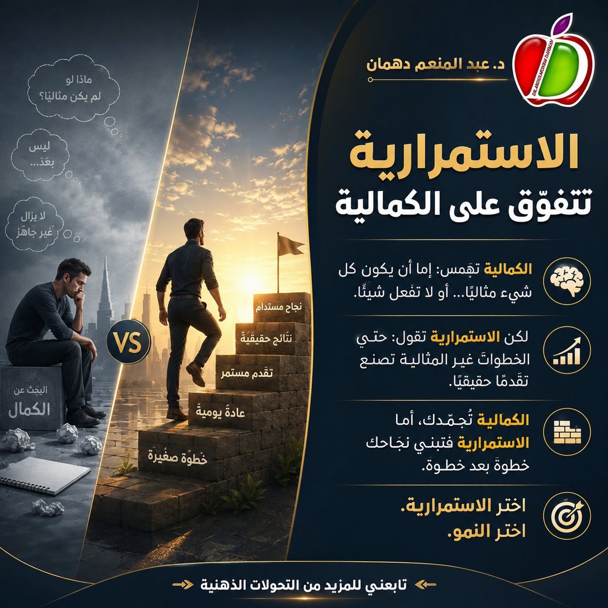 abdmonemdahman's tweet photo. الكمالية تهمس لك:
 إمّا أن يكون كل شيء مثاليًا… أو لا تفعل شيئًا.💪
لكن الاستمرارية ترد:
 حتى الخطوات غير المثالية تصنع تقدمًا حقيقيًا
الكمالية تُبقيك عالقًا، تطارد صورة مثالية قد لا تصل إليها أبدًا.
 أما الاستمرارية، فتبني نجاحك لبنةً بعد لبنة، وخطوةً بعد خطوة.
#الاستمرارية https://t.co/z0SpSpQ1Xq