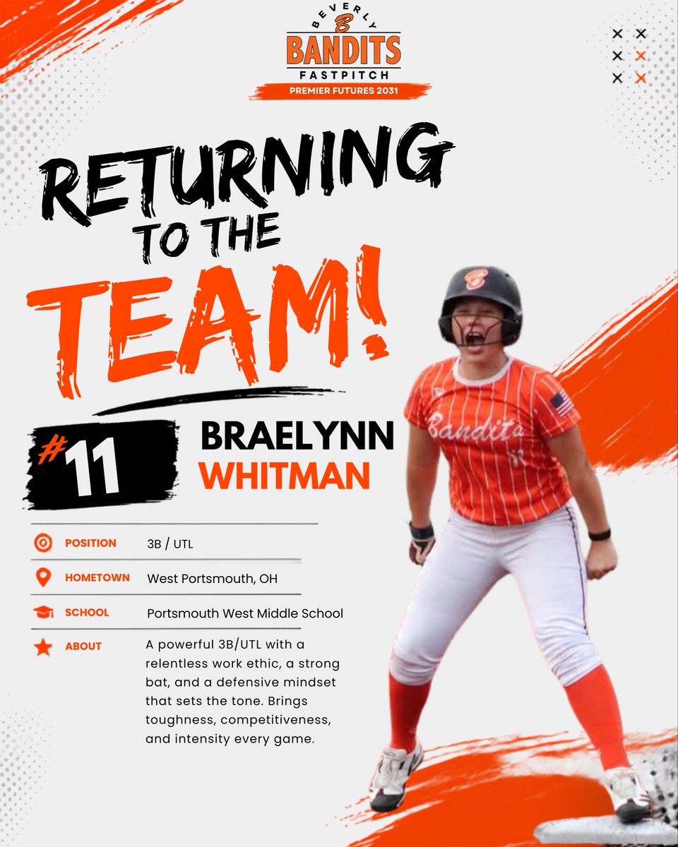 BevBandits2031's tweet photo. 🧡🖤 Welcome back, Braelynn Whitman!

@BraeWhitman11 returns as a 3B/UTL, bringing power at the plate, toughness on defense, and a relentless competitive mindset. https://t.co/5aP2G84qwG