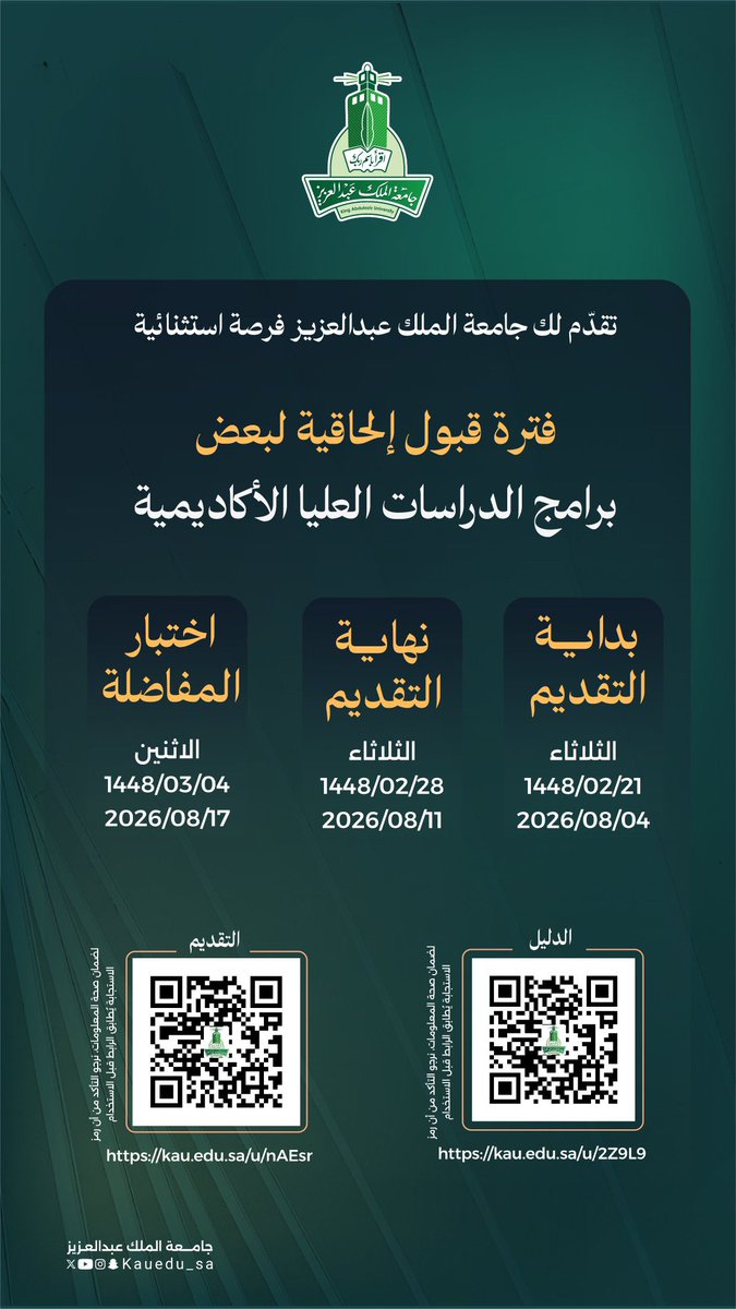 skaau_com's tweet photo. 🚨 عاجل 

اعلنت #جامعة_الملك_عبدالعزيز 
عن فترة قبول إلحاقي لبعض برامج
[ الدراسات العليا الأكاديمية ] 

🔛 البداية 
🗓️ الثلاثاء ٢١-٠٢-١٤٤٨هـ
◻️ الموافق 4-8-2026

🔚 ينتهي 
🗓️ الثلاثاء ٢٨-٠٢-١٤٤٨هـ
◻️ الموافق 11-8-2026

🖥️ بوابة القبول:
📎 https://t.co/VxvZlccg8v
📋 دليل القبول:
📎 https://t.co/q1QzStrJ7i

#سكاو