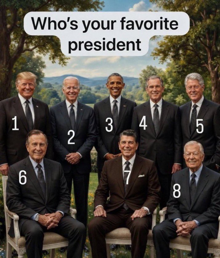 Commentaryz1ep's tweet photo. Who’s your favorite president?

1.  Donald Trump
2.  Joe Biden
3.  Barack Obama
4.  George W. Bush
5.  Bill Clinton
6.  George H. W. Bush
7.  Ronald Reagan
8.  Jimmy Carter https://t.co/herPTqV5WI