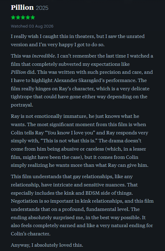 Danimalish's tweet photo. I'm very late to the game, but I absolutely loved PILLION. I can't remember the last time a film subverted my expectations like this one did. https://t.co/GSC59Glxxq
