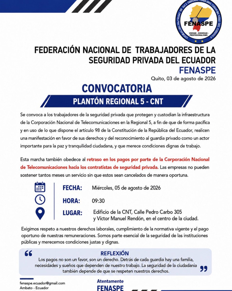 FENASPE1's tweet photo. 🔴🔴🔴
#Atencion
#Planton📍
👮‍♂️Los trabajadores de la seguridad privada los #Guardias q protegen y custodian @CNT_EC  @CNTinforma preparan un PLANTON x el retraso injustificado de pagos d la #Regional5 #Guayaquil @CNT_EC 
@Telecom_Ec 
@Ricardo__Guti 
@ronspina 
@Presidencia_Ec https://t.co/T85juL57FI