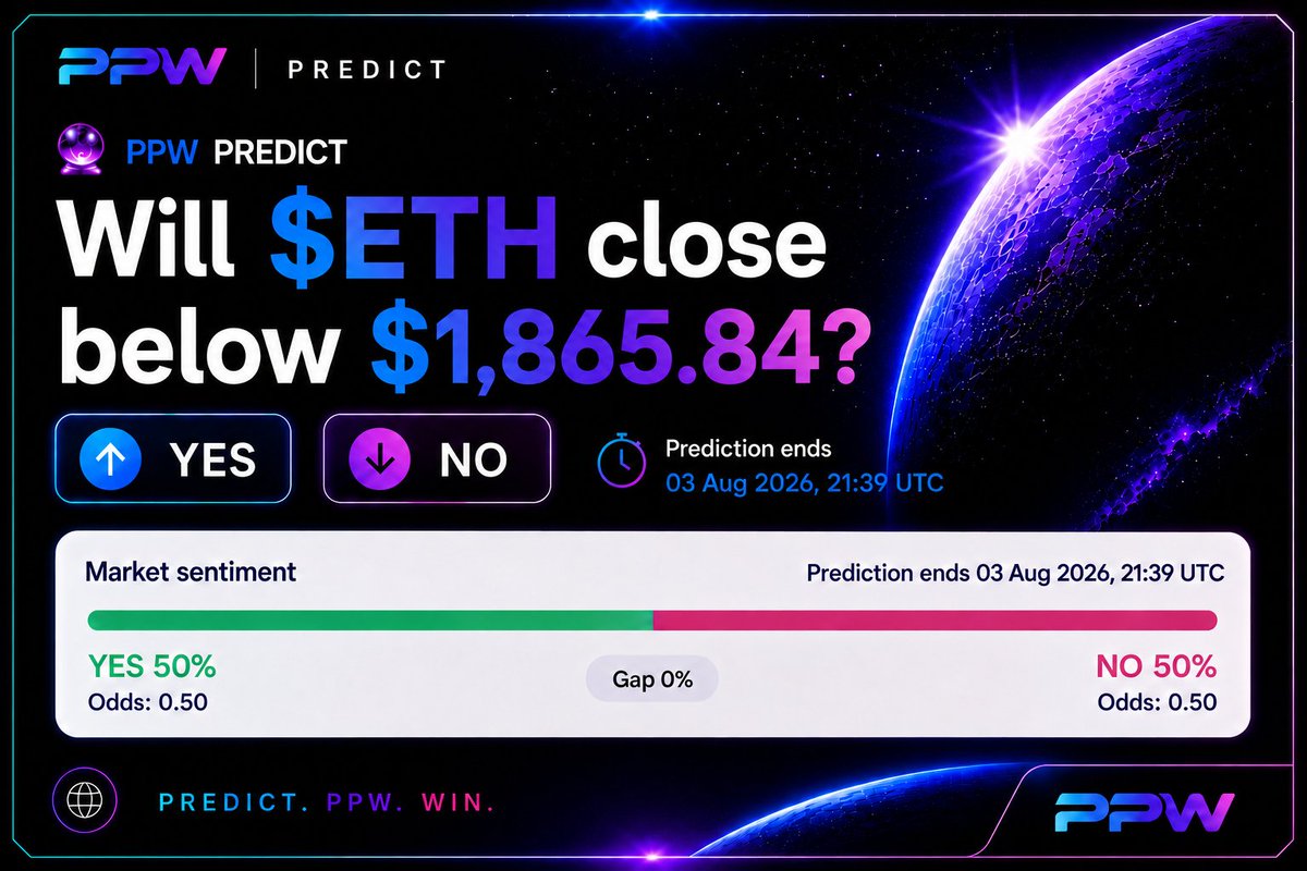 PICKPREDICTWIN's tweet photo. 🔮 PPW PREDICT

Will $ETH close below $1,865.84?

🔵 YES
🟣 NO

⏳ Prediction ends 03 Aug 2026, 21:39 UTC

Drop your pick below. 👇

https://t.co/SBvWoFegle

#PPW #solana #prediction #polymarket https://t.co/80lstUev2W