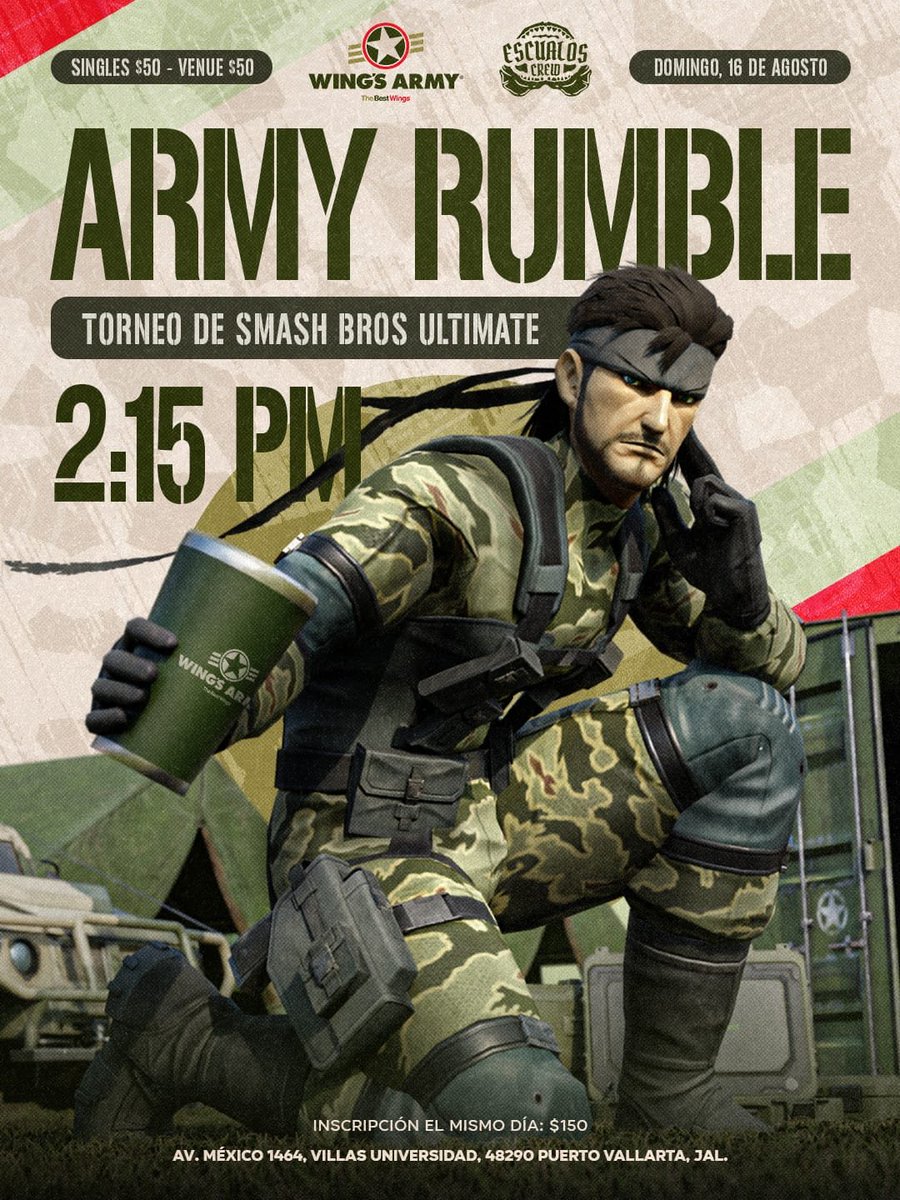SmashPV69's tweet photo. Torneito en el puerto🌴🌊

🔥ARMY RUMBLE🔥
Domingo 16 de agosto
Singles: 2:20 pm
Retas 1:30 pm

Inscripción:
Venue $50 singles $50

Pre registró $100
Día del evento $150

Wing Army Universidad🪖
📍Ubicación https://t.co/zSLiJahUYU

Enlace de inscripción:
https://t.co/52DbmVr347 https://t.co/D5V0P3O3Ui