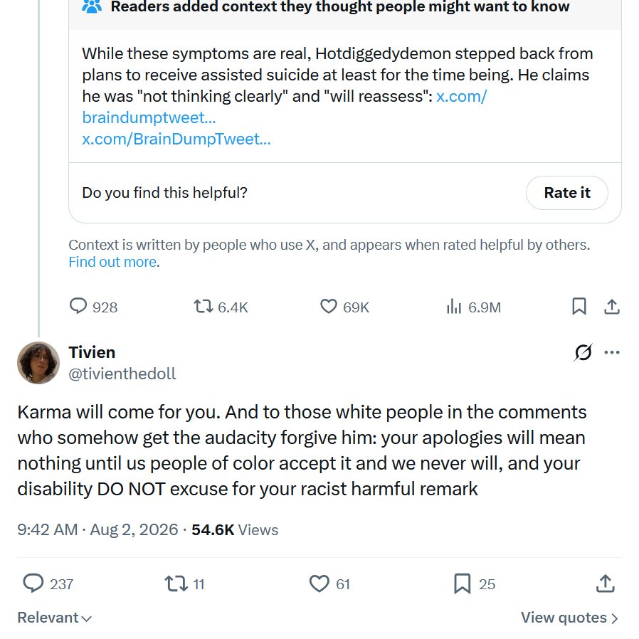 ReviewsPossum's tweet photo. The party of "empathy", "decent human beings", and "we just want you to have healthcare" reacts the Hotdiggedydemon announcing his plan to get euthanized. https://t.co/zCj0acgP3E