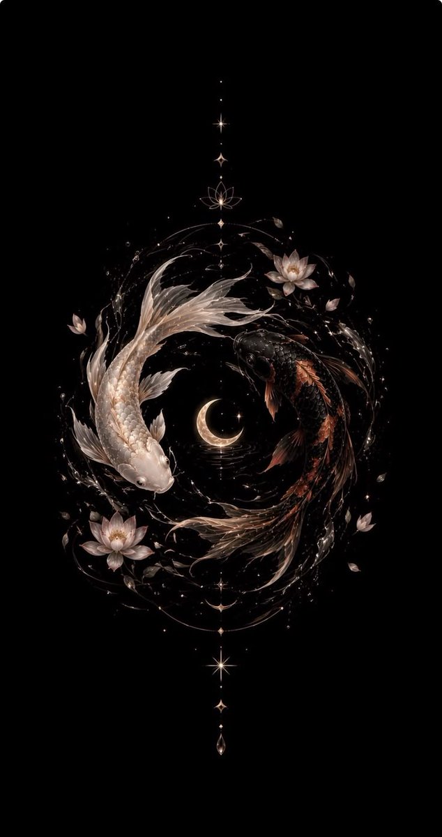 Zia4uk's tweet photo. Two koi fish circling in perfect harmony beneath a crescent moon, surrounded by blooming lotuses a symbol of balance, peace, strength, and new beginnings." https://t.co/gc8V6FBWwd