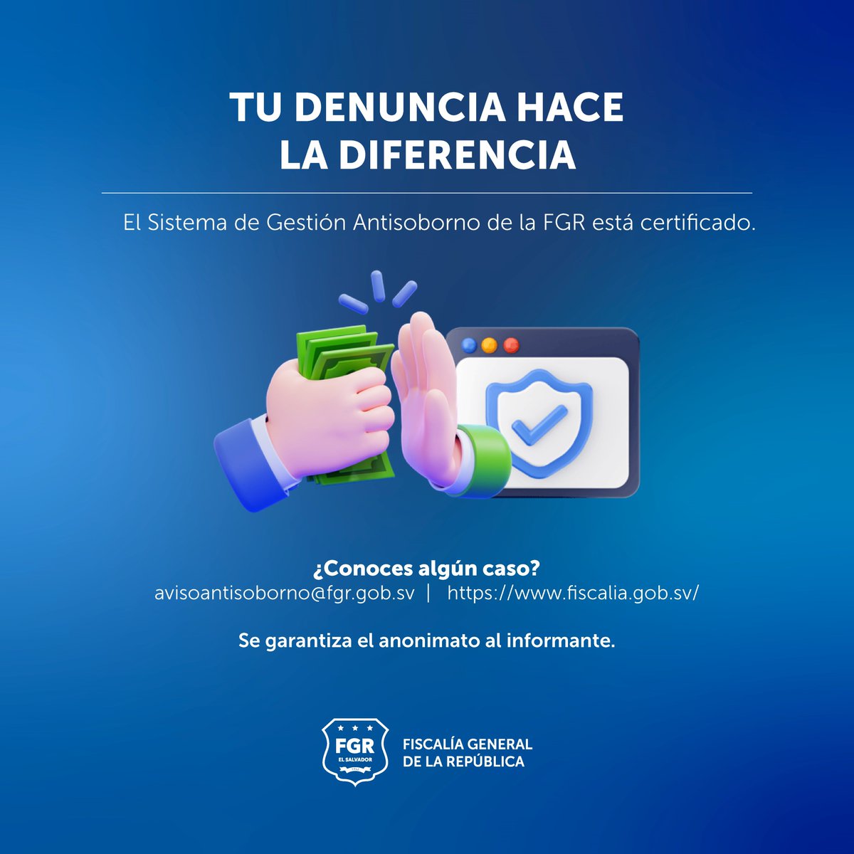 FGR_SV's tweet photo. La integridad no es negociable en los procesos de Compras Públicas de la @FGR_SV 🏢.

Si sospechas de alguna irregularidad, denuncia de forma anónima. 🛡️

📩avisoantisoborno@fgr.gob.sv
🔗 https://t.co/Kt5OZFaoPU https://t.co/KOWNAnHOL9