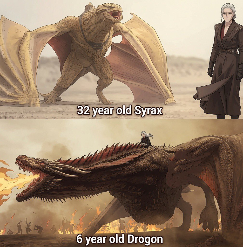 officialmrsavvy's tweet photo. what the hell was the Dragonpit feeding
6 year old Drogon? Because it took Syrax 32 years to meet up to Drogon’s size https://t.co/jX1LINf3WH