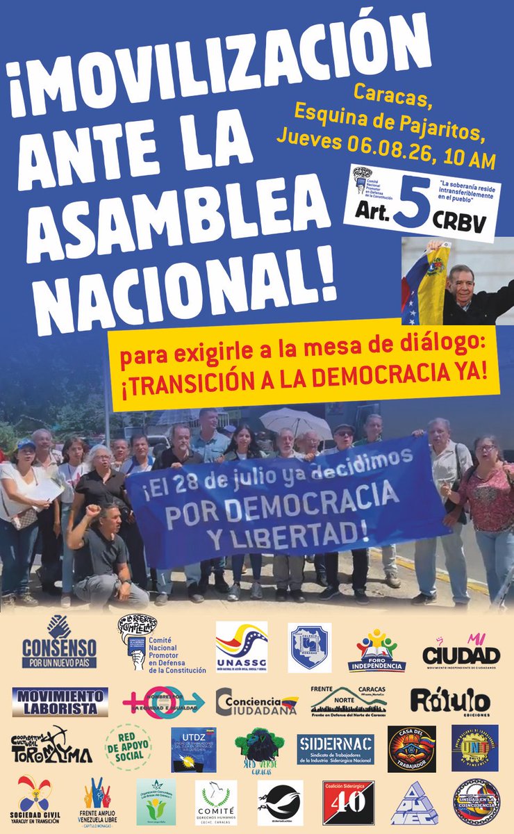 ConsensoEspacio's tweet photo. Convocamos a todo el pueblo caraqueño a movilizarse ante la Asamblea Nacional el próximo jueves 6.8.26, 10 AM, para exigirle a la anunciada mesa de diálogo (conformada por los diputados asignados a esta instancia) impulsar una verdadera TRANSICIÓN A LA DEMOCRACIA
#Libertad https://t.co/kyb2pOe3ti