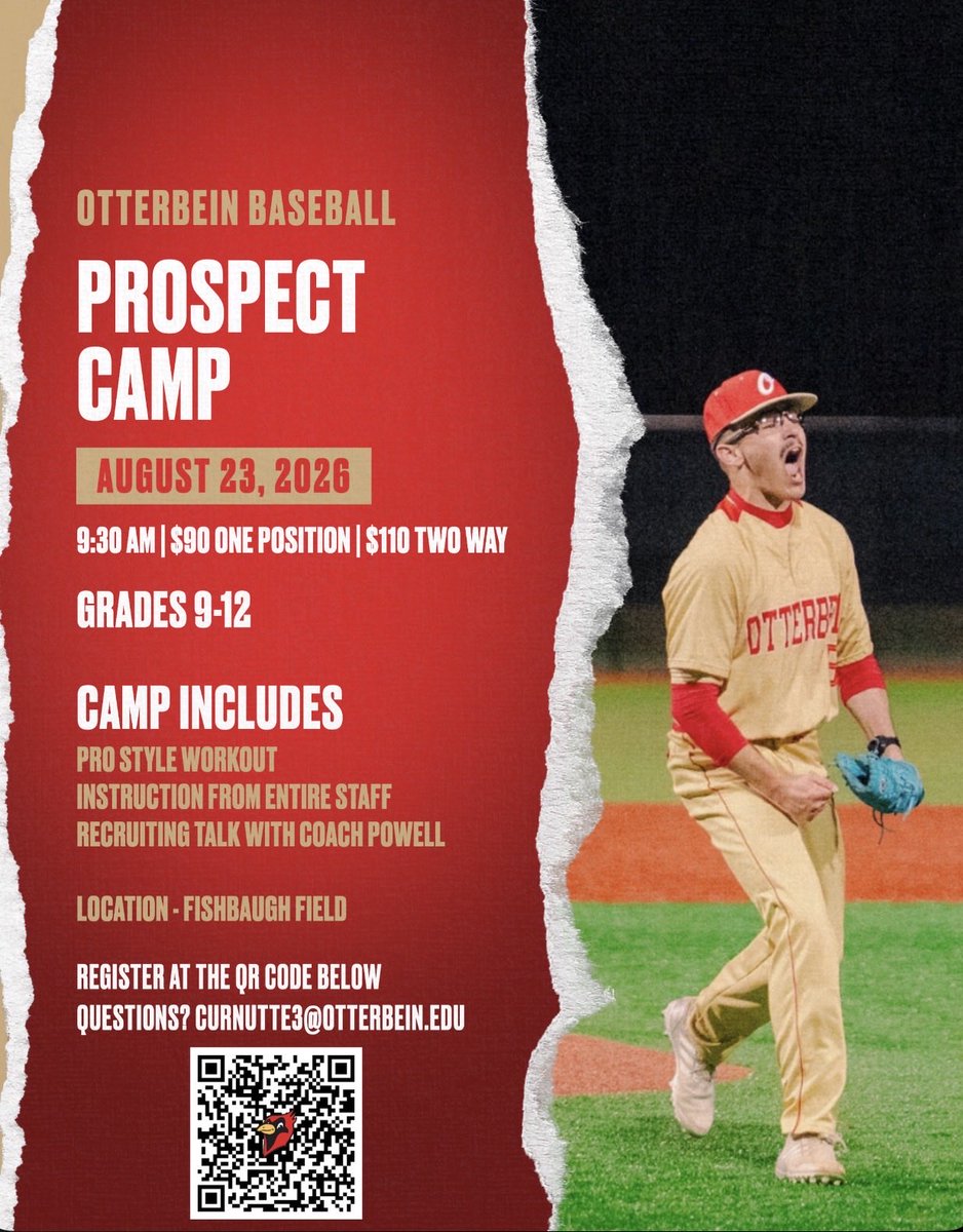 OUCardsBaseball's tweet photo. Join us August 23rd for our fall prospect camp. The camp will include a showcase, recruiting talk, live game, time with Otterbein staff and players. 

Link: https://t.co/3D3gffOEfx https://t.co/JgAcFy8c6J