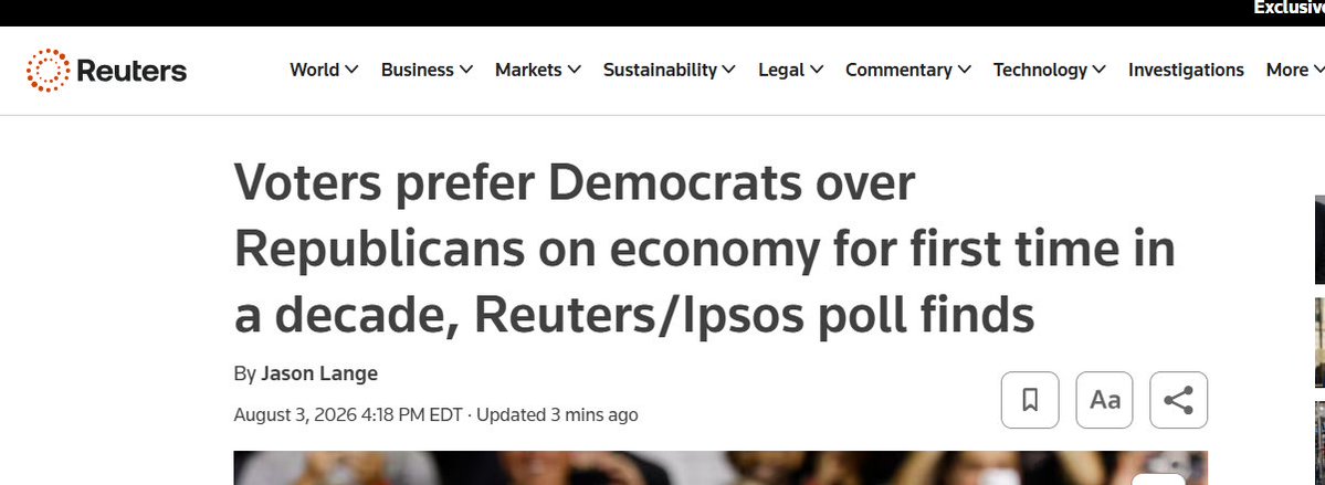 JesseFFerguson's tweet photo. 👀👀"WASHINGTON, Aug 3 (Reuters) - Americans picked Democrats ​over Republicans as better stewards of the economy for the first time in nearly a decade in a Reuters/Ipsos ‌poll, which also found their approval of President Donald Trump's performance falling to 35%." https://t.co/Q7oUTk7CWq