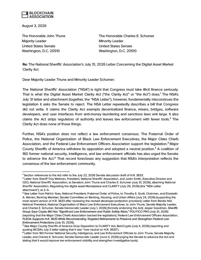 BlockchainAssn's tweet photo. 1/ Today, we sent a letter to @LeaderJohnThune and @SenSchumer responding to the @NationalSheriff’s recent letter on the Clarity Act.

Our response explains why their letter misunderstands the legislation and sets the record straight, point by point.

Below is a walkthrough of the key issues. Our full letter is available below.

https://t.co/kYgTRbJ7N6

🧵