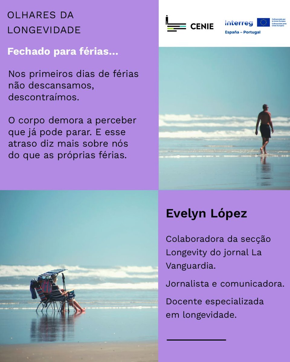 cenie_pt's tweet photo. Os primeiros dias de férias não são para descansar: são para descontrair. Aos poucos deixamos de olhar para o relógio, prolongamos as conversas à mesa, caminhamos sem pressa.

Não é por acaso: é um ritmo muito mais antigo do que as notificações, e que durante o resto do ano quase não temos oportunidade de praticar.

O desafio não é esperar pelo próximo verão. É escolher um único hábito, sair à luz da manhã, uma chamada semanal, desligar o ecrã antes de dormir, e levá-lo connosco para setembro.

https://t.co/WpzNwkiVbN

#CENIE #Longevidade #Verão