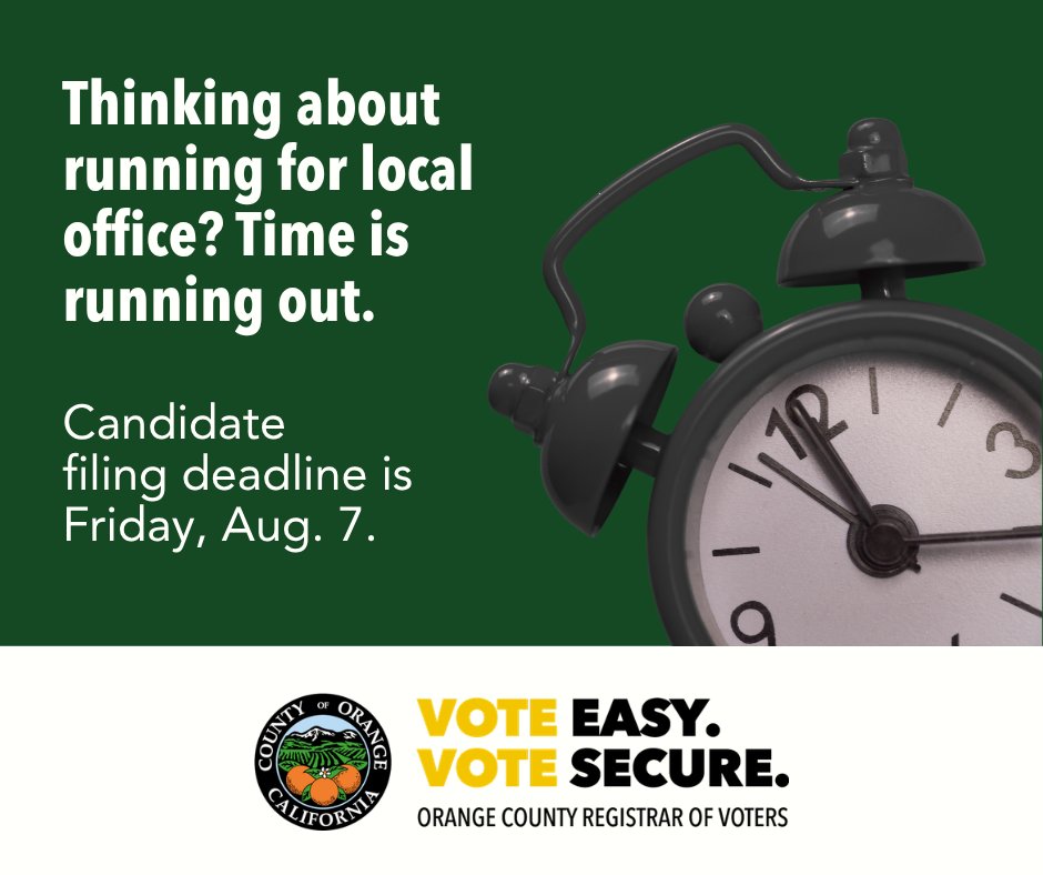 OCRegistrar's tweet photo. The candidate filing deadline for the General is almost here—completed candidacy documents must be filed in person at ROV by 5 pm on Fri., Aug 7.

With 100s of offices on the ballot, there's still time to seek elected office and help shape decisions in #OC
https://t.co/y367qVp8JV https://t.co/KD005PRMIY