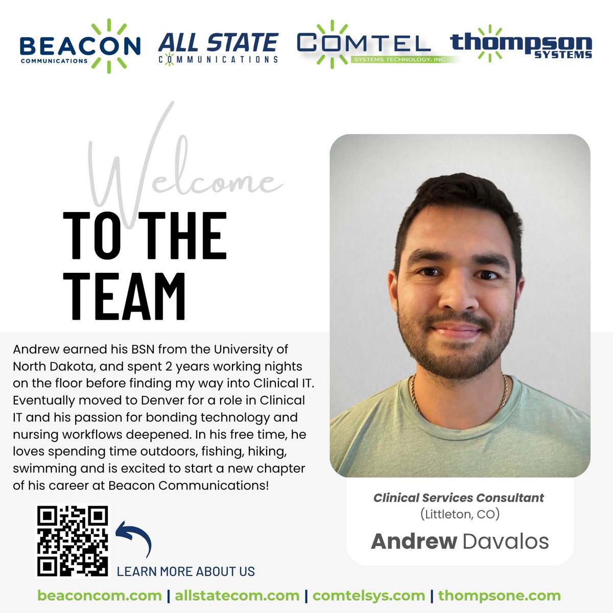 BeaconCommLLC's tweet photo. Welcome to the Team 🌟 Andrew Davalos, our new Clinical Services Consultant supporting our Littleton, CO office! https://t.co/CRcrKBZjS6