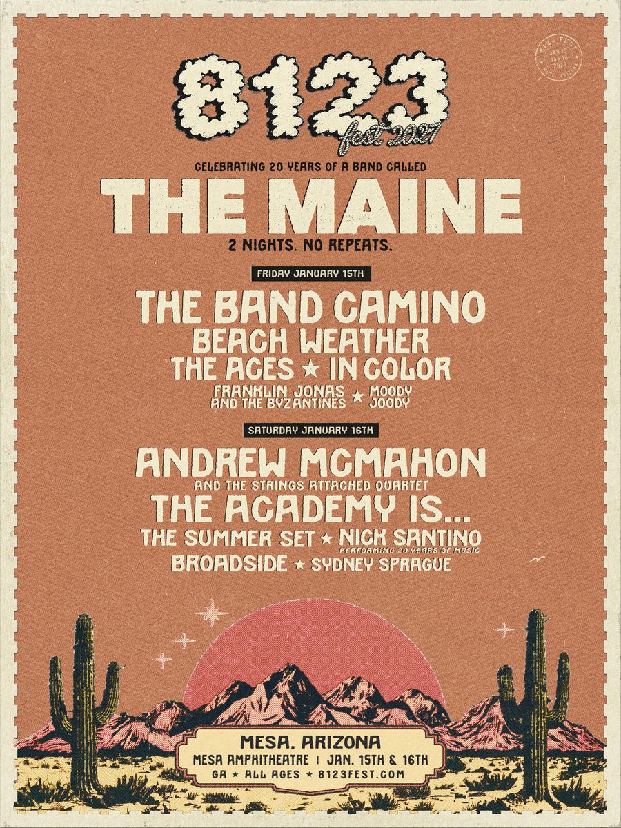 TheAcademyIs's tweet photo. TAI returns to Arizona! Join us in the desert on January 16th, 2027 for 8123 Fest. 

🎟️ 2 Day Tickets are on sale now.
🎟️ Single-day tickets go on sale Friday at 10 AM Pacific.

We can’t wait to see you in the desert.🌵 https://t.co/iczlYVhxQj