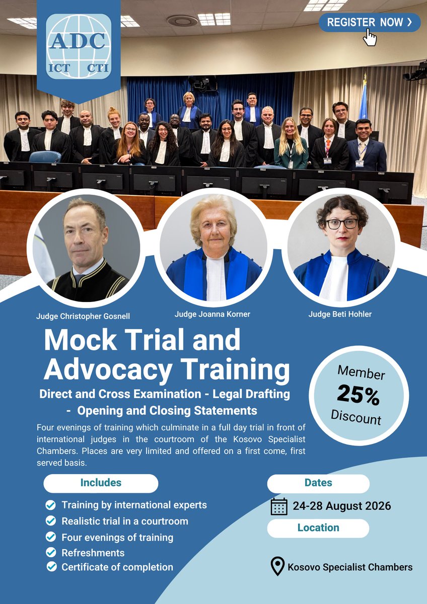 adc_ict's tweet photo. A limited number of places remain for our Mock Trial &amp; Advocacy Training 2026 (24–28 Aug).
Judge Joanna Korner
Judge Beti Hohler
Judge Christopher Gosnell
Register: https://t.co/hpkKSFaxLA https://t.co/lgltAGhHry