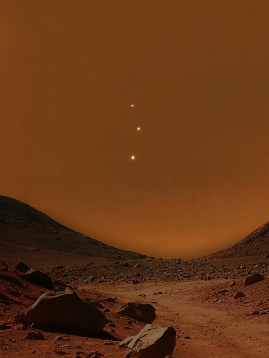 NightSkyToday's tweet photo. These 3 tiny dots are not just random stars in the sky. 

That's Earth, Jupiter and Venus seen from Mars 🌌 

That’s us… 225 million miles away 🤯 https://t.co/P7VJeAxZAr