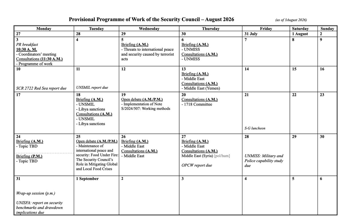 pass_blue's tweet photo. UN Security Council provisional program of work for August: https://t.co/KA4atEixuF