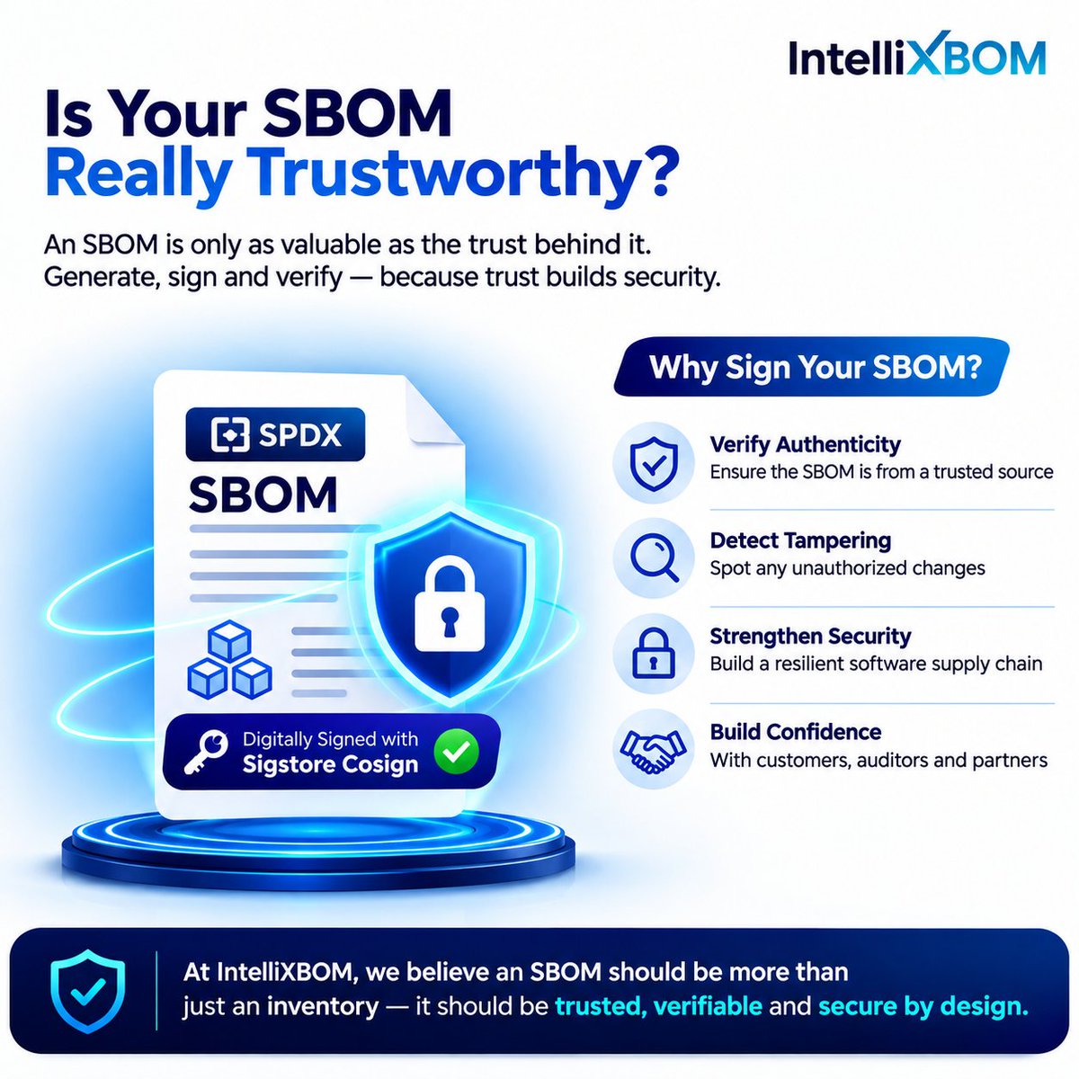 IntellixBOM's tweet photo. Is Your SBOM Really Trustworthy? An SBOM is only as valuable as the trust behind it. Generating an SPDX SBOM is a great first step toward software supply chain transparency, but how do you prove it hasn't been modified after it was created?

The answer: Digitally sign your SBOM. https://t.co/qYGpGPaLcW