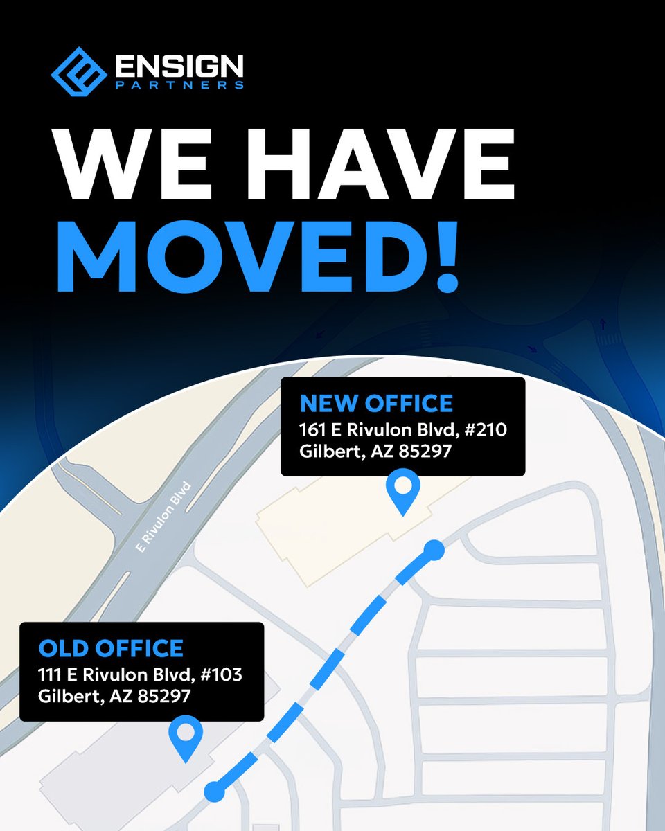 ensignpartners's tweet photo. We’re excited to announce that we have a new location! Beginning today, we’ll officially be welcoming clients at our new office:

161 E Rivulon Blvd. #210
Gilbert, AZ 85297

We can't wait to welcome you into our new office and continue helping you navigate what's next! https://t.co/59xn8LLhcN
