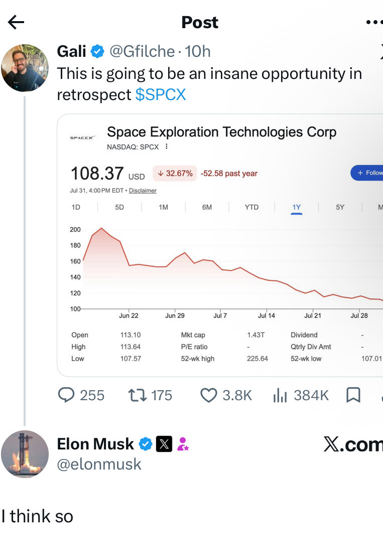 unusual_whales's tweet photo. BREAKING: Elon Musk says he think SpaceX, $SPCX, is an insane opportunity in the stock market: https://t.co/WUjryYUlB4
