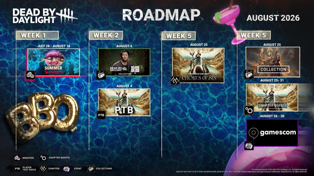 DeadbyDaylight's tweet photo. Sun, sand, and a whole lot of screams 👀 Here's what we have planned this August! https://t.co/DjH57FefOR