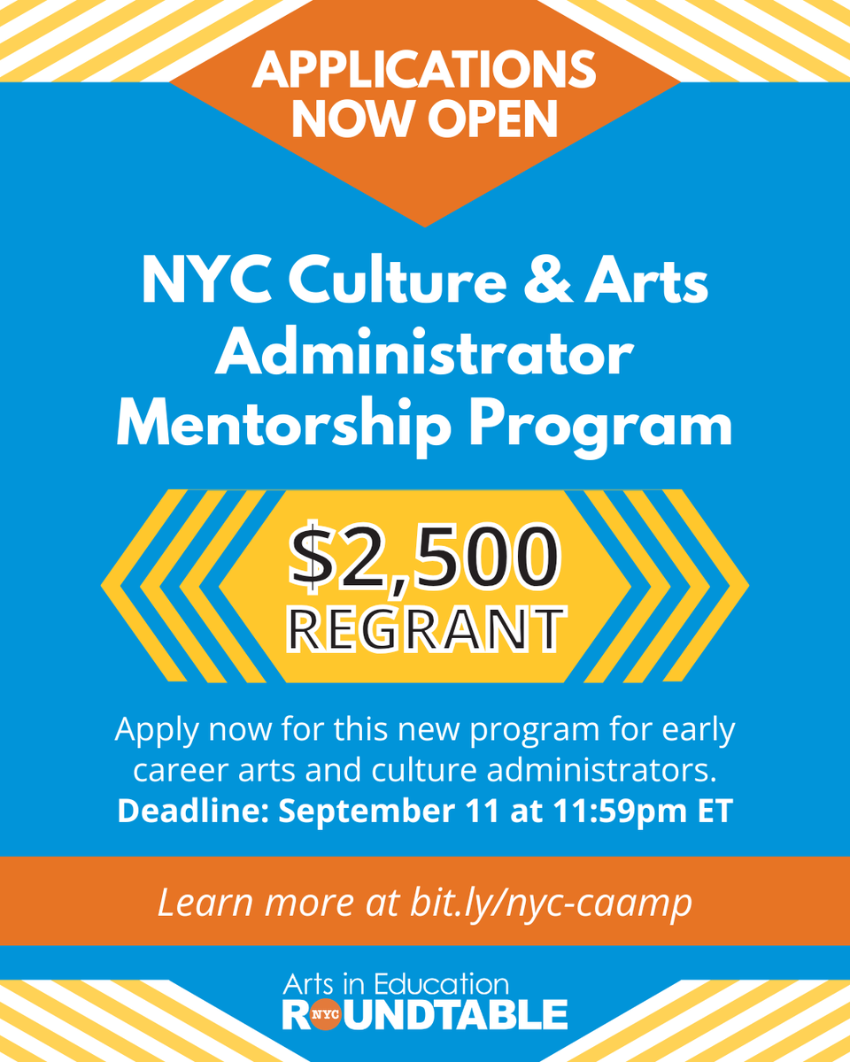 nycaier's tweet photo. Applications are now open! Join us for NYC CAAMP: Cultural &amp; Arts Administrator Mentorship Program. This new regrant opportunity will pair at least 20 early career administrators with a mentor in the field. Learn more at https://t.co/lwrkPfvQcA and submit by September 11. https://t.co/OjhxqWCvm9
