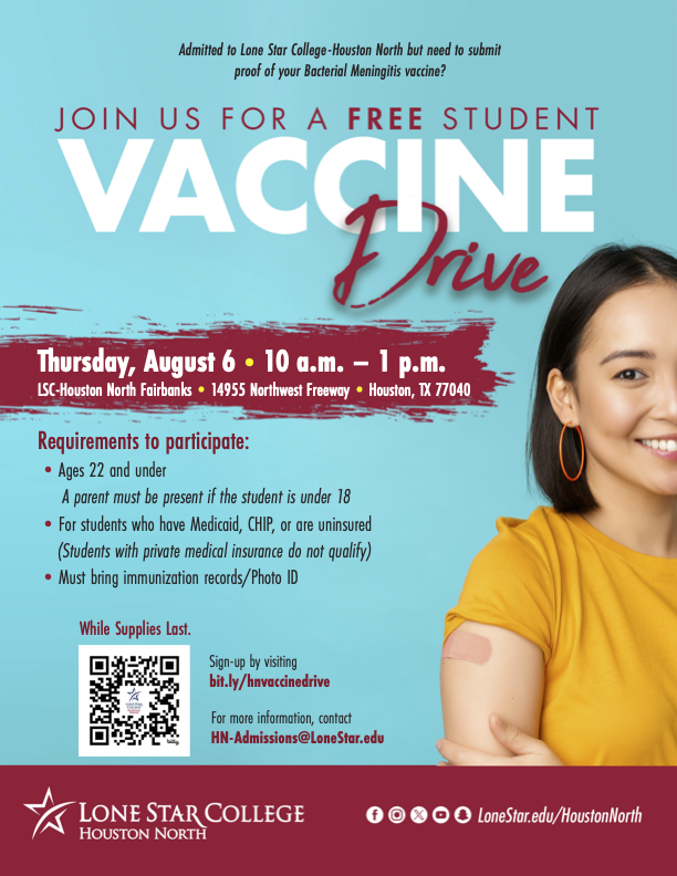 LSCHoustonNorth's tweet photo. Admitted to Lone Star College-Houston North but need to submit proof of your Bacterial Meningitis vaccine?Join us for a free Vaccine Drive!💉 

Thursday, Aug. 6 • 10 a.m. – 1 p.m.
LSC-Houston North Fairbanks
Sign Up at https://t.co/rqcHiLSHqZ https://t.co/2AqF7KPGQV