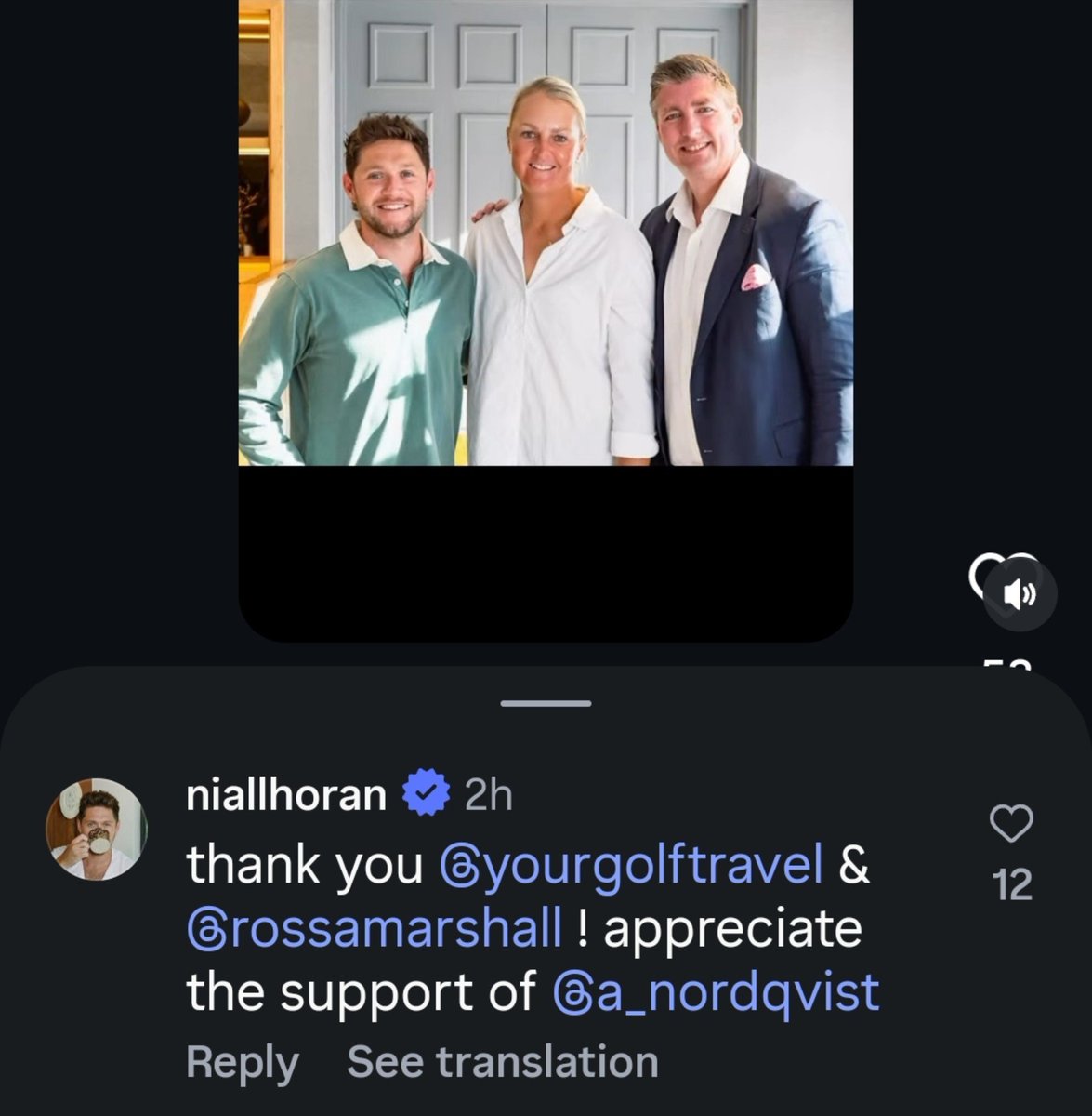 OT5Dailys's tweet photo. Niall Horan liked and commented under Ross Marshall's post, the founder of Your Golf Travel, about his new partnership with Niall and the Modest Golf!

"thank you @yourgolftravel &amp; Ross Marshall ! appreciate the support of Anna Nordqvist" https://t.co/g7xqItc2as