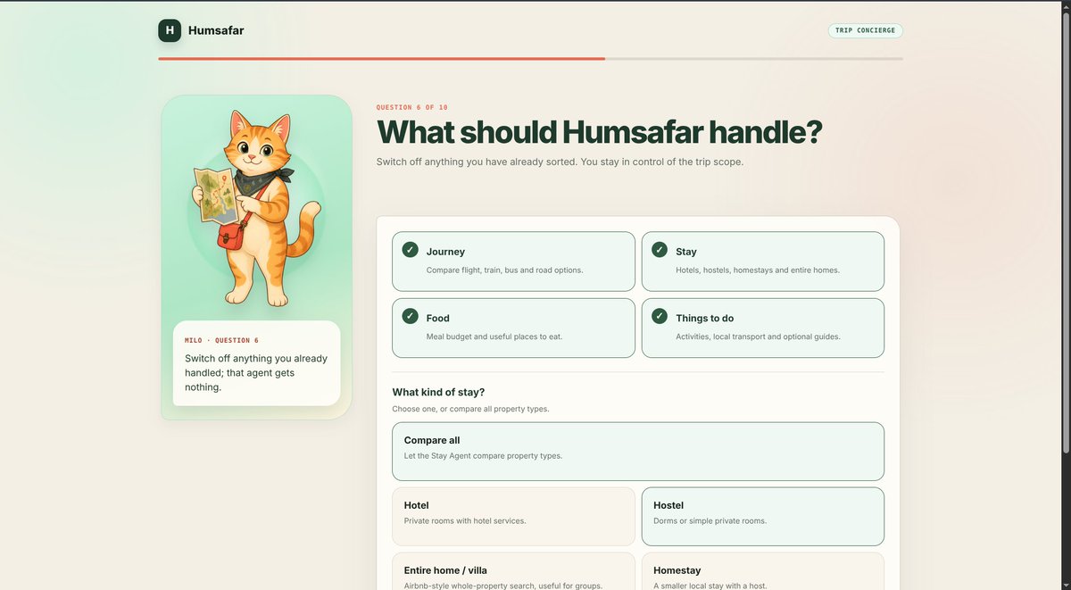 Preethucarvalho's tweet photo. Planning a trip isn’t a search problem. It’s a coordination problem.
We built Humsafar: 4 AI specialists negotiate one budget, connect the trip &amp; get merchant-locked, amount-capped spending permissions.
No blank cheques.
Watch + support us on Devfolio 👇
https://t.co/Z3Z2SndOvD https://t.co/QnY40B1jVb