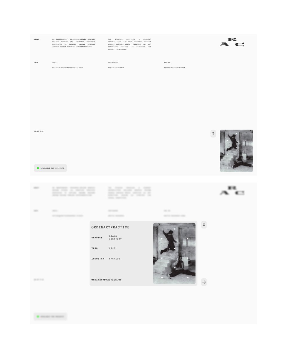 jordanrchive's tweet photo. 1 page - 1 widget 

No scroll, no navigation.   

Designed to be as efficient &amp; simple as a digital portfolio for a startup studio could be while maintaining an elevated utilitarian aesthetic.

Design: @jordanrchive
Development: @khushfyi

https://t.co/IanAifdvwT https://t.co/5DE5QmDHVH