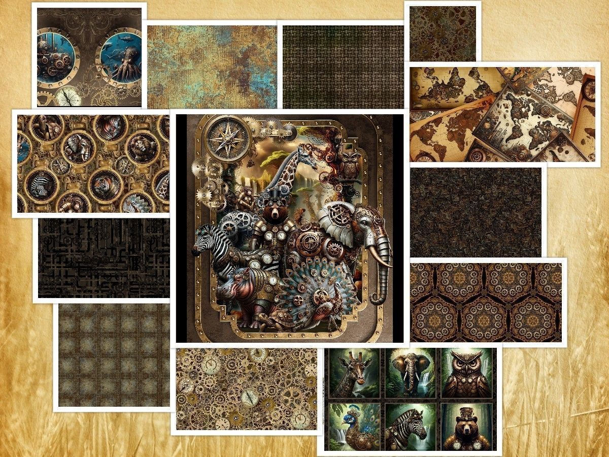 howarths63's tweet photo. #Steampunk #Menagerie features unusual #animals in a unique and #eclectic mix, blending #retro-#futuristic themes with #gears, #clocks, and metal textures. The prints are densely packed, exuding a luxurious richness https://t.co/sGQgHTzYM2 https://t.co/XUTHiD1bKX