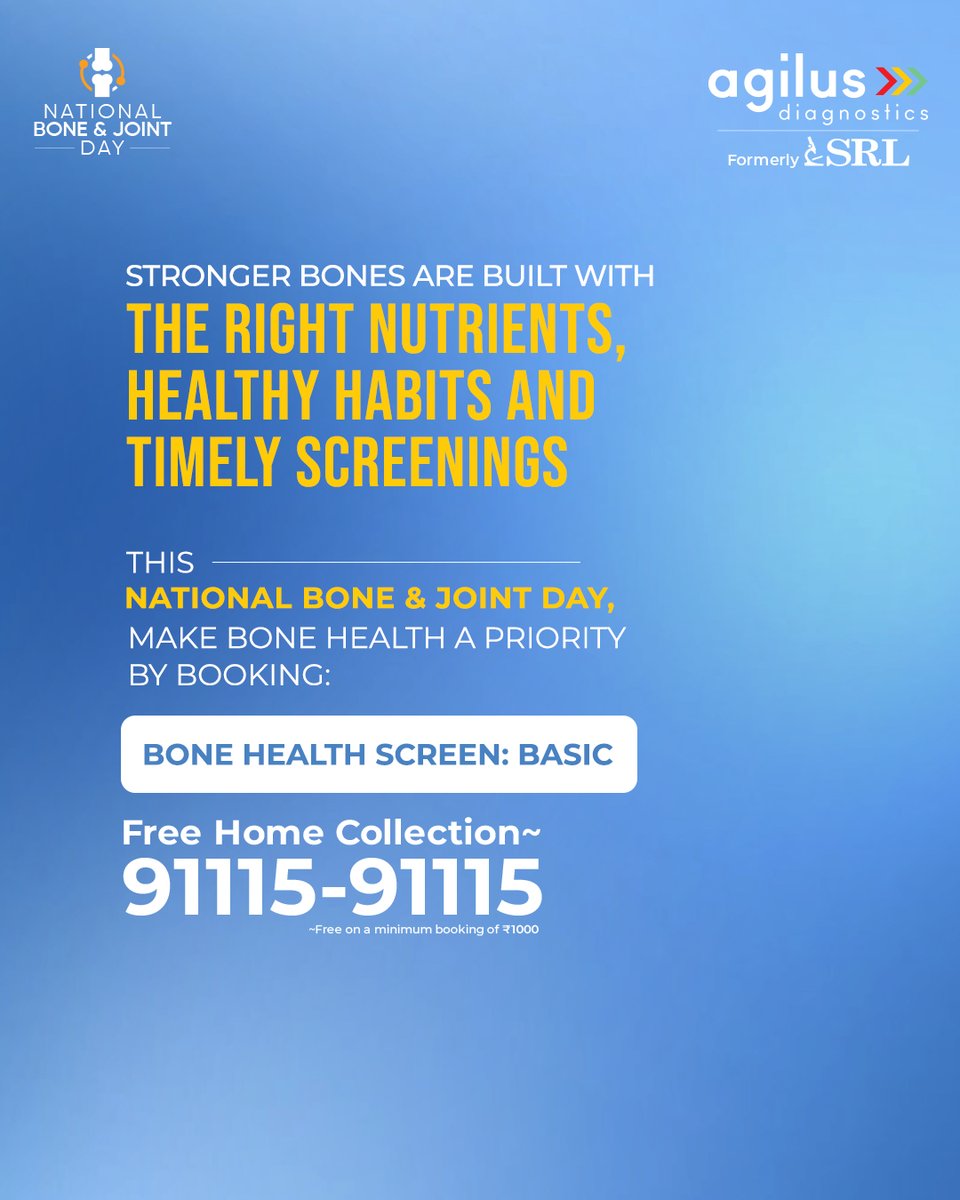 agilusDx's tweet photo. This National Bone and Joint Day, don't wait until a fracture or persistent pain becomes your first warning sign. Schedule Bone Health Screen and stay one step ahead. Call 91115-91115 to know more.

#AgilusDiagnostics #SRLDiagnostics #NationalBoneAndJointDay https://t.co/C22DmR4Obl