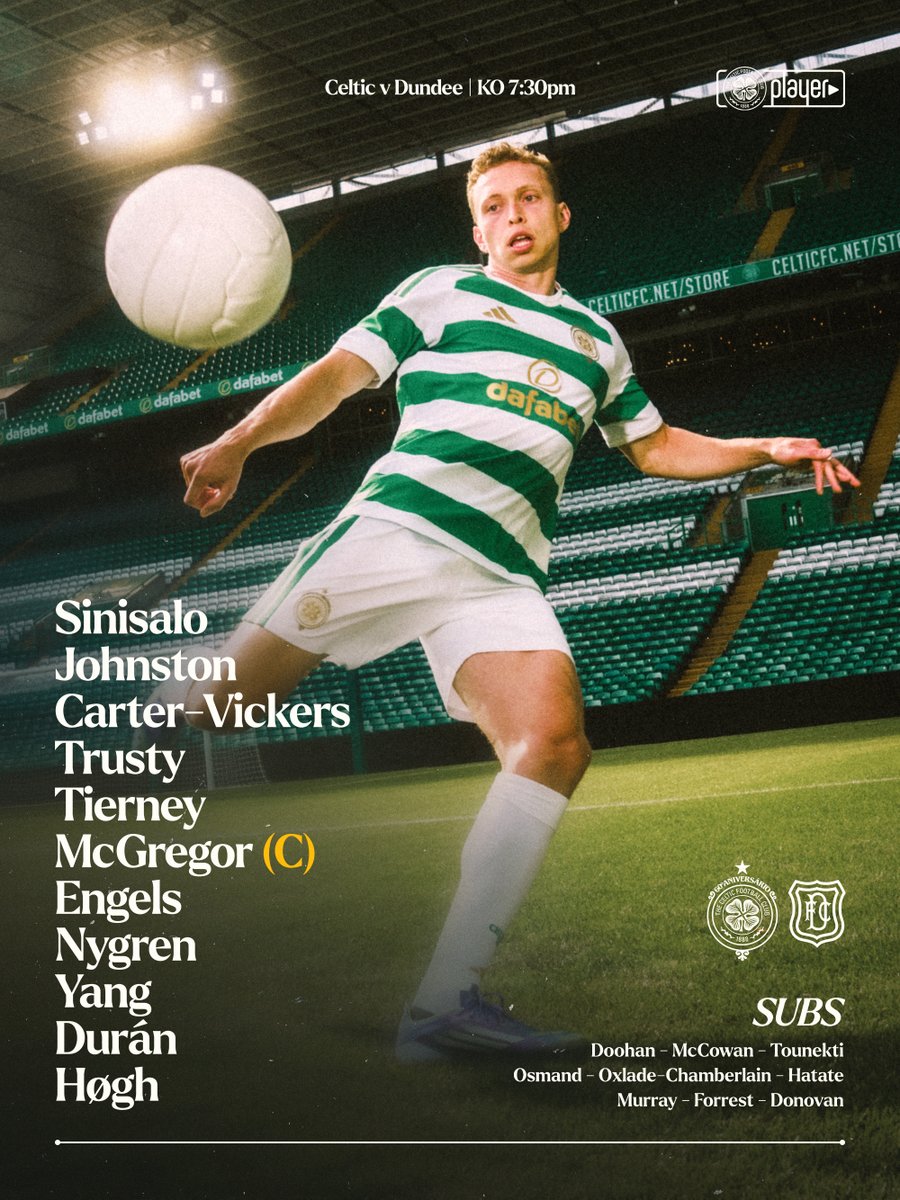 CelticFC's tweet photo. 📋 Team news from Paradise

Your Celtic starting XI for tonight’s Premiership opener against Dundee

#CELDUN | #CelticFC🍀 https://t.co/htbTsngWVb