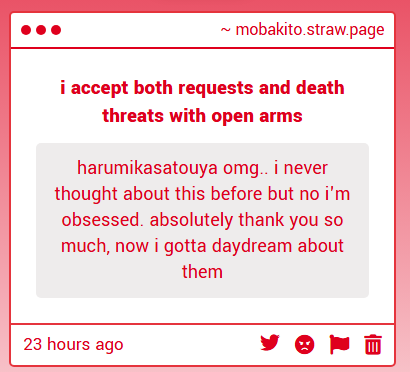 mob_akito's tweet photo. hehe no problem, ill be thinking hard about them too. maybe ill try and get something written for them at some point. wifekasa free use in the aoyagi household or something... https://t.co/kZ7sLurxqQ