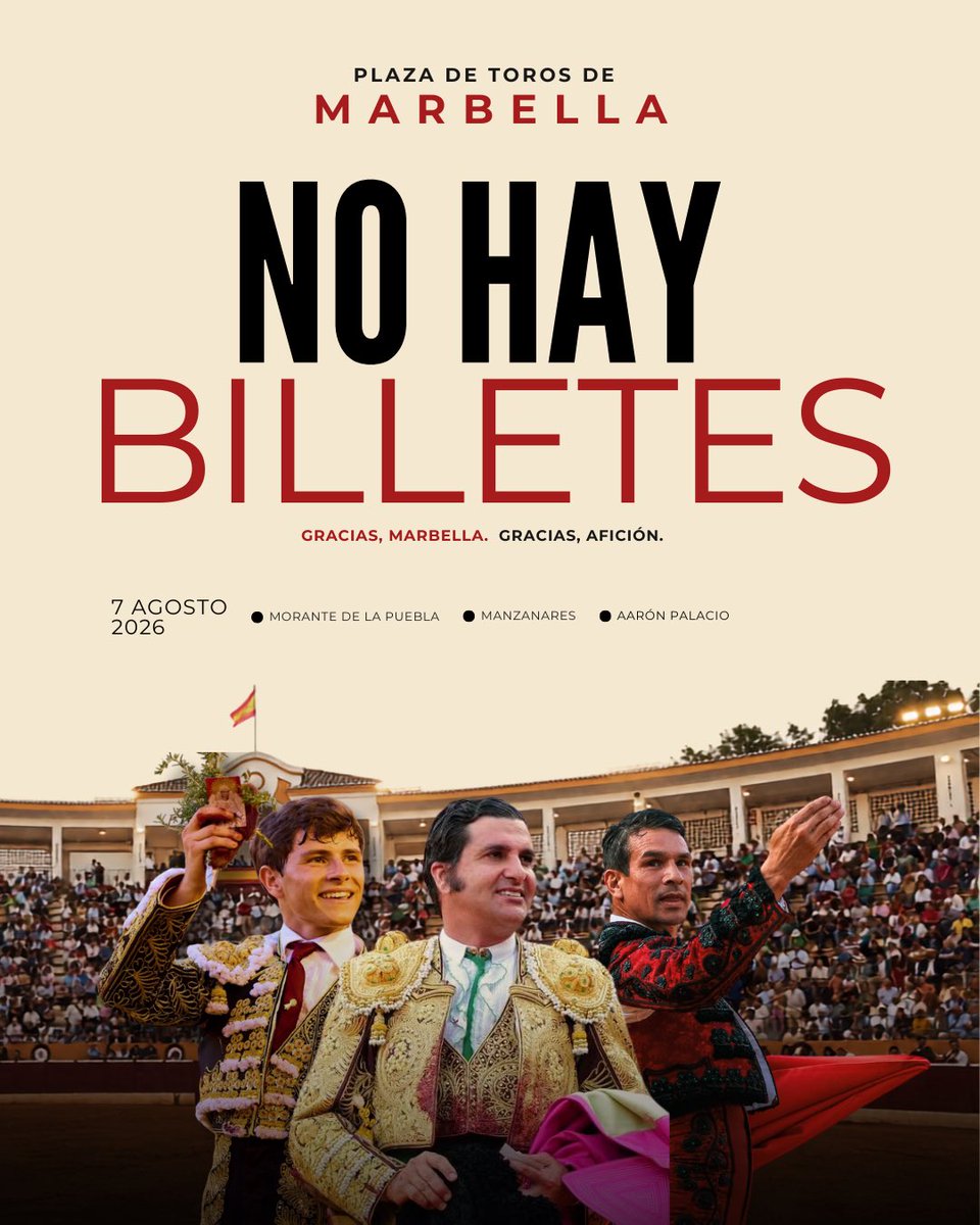 TorosMarbella's tweet photo. Se cuelga el cartel de “No hay Billetes” para la corrida de Candiles del próximo 7 de agosto en Marbella https://t.co/oM8e4QyY5I