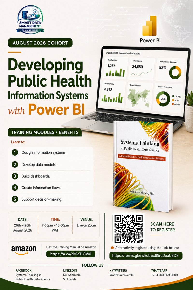 adekunleakerele's tweet photo. Most training programs begin with a curriculum.
Ours began with a book.

📘 Systems Thinking in Public Health Data Science laid the foundation. The response to it inspired the Smart Data Management Training Series, where the ideas are brought to life through practical, hands-on learning.

Get the book on Amazon:
https://t.co/6gTjDGfR1a

#SystemsThinking #PublicHealth #DataScience #SmartDataManagement