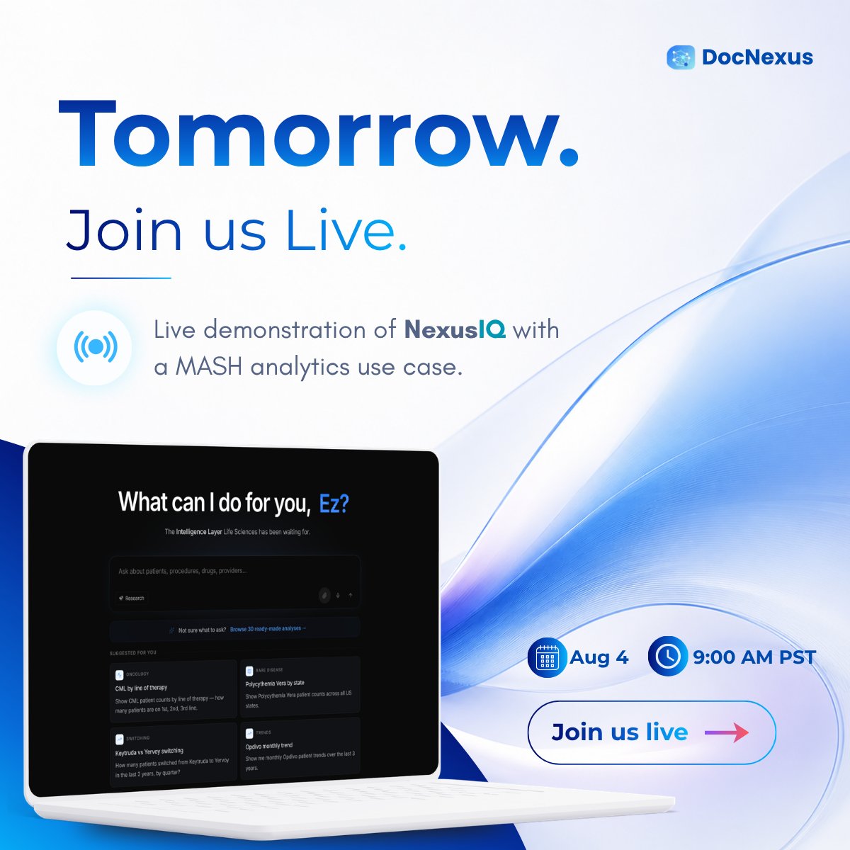 DocNexusAI's tweet photo. Tomorrow.
Join us for a live look at how AI is transforming life sciences analytics.
See NexusIQ in action through a MASH analytics use case.
📅 Aug 4 | 9:00 AM PST
👉Reserve your spot: https://t.co/alujmqU9sB
#LifeSciences #AI #HealthcareAnalytics #MASH #LifeSciencesAI https://t.co/CGA6OFMzTm