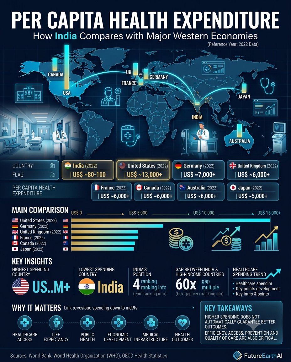 FutureEarthAi's tweet photo. #Healthcare spending varies #dramatically across nations. Compare India's per capita health expenditure with major Western economies and explore what investment reveals about healthcare systems. #FutureEarthAI #HealthEconomics @CSEPlanB https://t.co/wyhAPU0Ch3