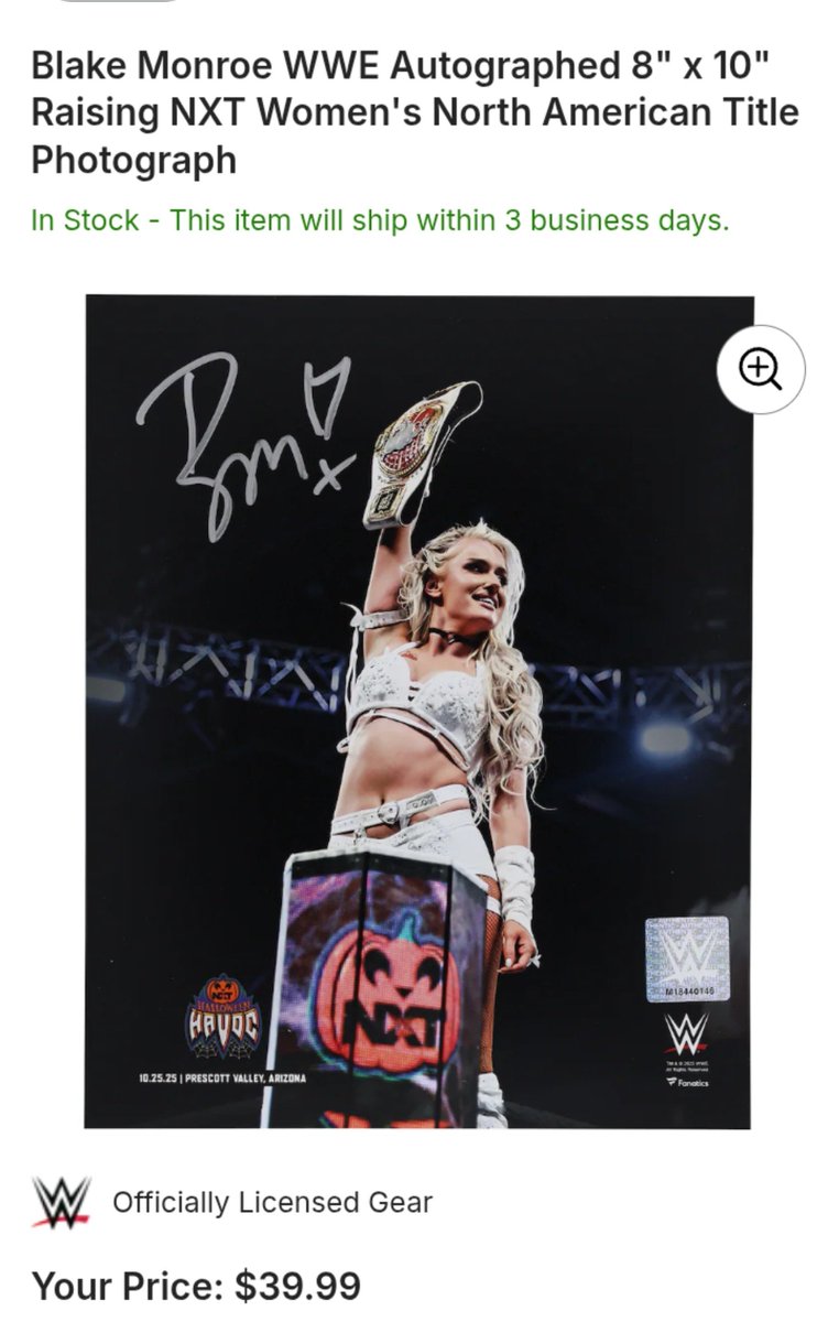 sdudas1992's tweet photo. 🚨 Two brand new Blake Monroe items are available on WWE Shop!

-An autographed 8x10 photo of her after winning the NXT Women's North American Championship at Halloween Havoc

-An autographed NXT Women's North American Championship title

Links below! https://t.co/yuhJIAIwbm